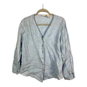J. Jill Light Blue Linen Button Front V Neck Long Sleeve Top Women's M beach